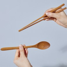 단디맘 티크 나무 숟가락 + 젓가락 세트, 브라운