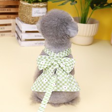 PASTEL PET 狗狗格子雛菊大蝴蝶結胸背帶 + 牽繩套組, 綠色