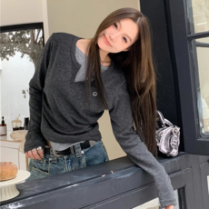 PEONIST 女性假兩件式修身長袖T恤