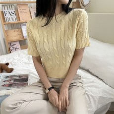 플랜데이 여성용 꽈배기 라운드넥 크롭 반팔 케이블 니트
