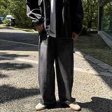 Mecita 男士側邊抓褶寬版牛仔長褲