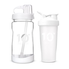 10℃攪拌搖瓶600ml+吸管水瓶1L套裝, 白色