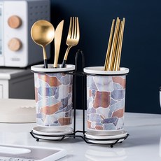 Mondspot 水磨石陶瓷雙格瀝水鐵製底座餐具筒組 YY57424, 1套, C