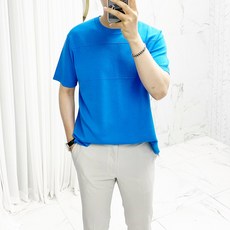 남성용 데끼 절개 트임 라운드 니트 반팔 티셔츠