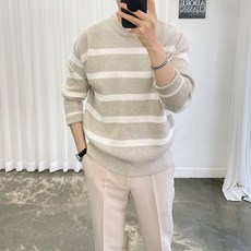 Adore Classic 男士條紋 Hacci 喀什米爾圓領長袖針織衫