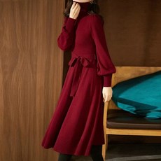 구디프 여성용 퍼프소매 터틀넥 니트 원피스