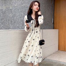 孕婦黑色玫瑰裙長袖連身裙