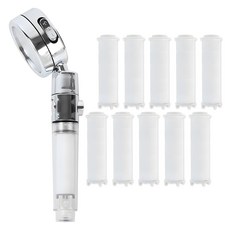 homedaum 強力水壓3段調節開關多功能蓮蓬頭 + 10入濾芯組, 1組, 白色 + 銀色