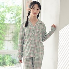 코코드림 여성용 학생 그린체크 셔츠 카라 긴팔 잠옷 상하의 세트 21194