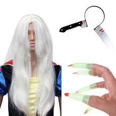 Party09 萬聖節派對用品 鬼白髮假髮 + 獵奇刀髮箍 + 女巫指甲套組, 1套, 混合顏色