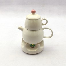 月鹽韓國產陶瓷雪人1人茶壺+燙茶器+茶杯全套組, 水壺+保溫器+茶杯, 象牙色（有光澤）, 1組