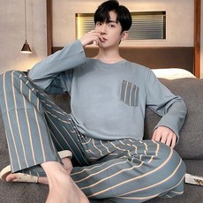 투이스타 남성용 라운드넥 긴팔 잠옷 파자마 상하의 세트