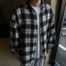 MEOSIDDA 男女通用蜜桃絨格紋寬鬆版泡泡袖襯衫