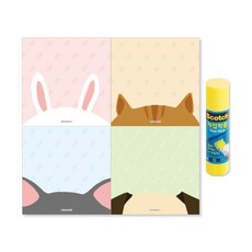 KKOMKKOMI 躲貓貓動物便條紙4款 + 可重複黏貼膠水組合, 混合顏色, 1套