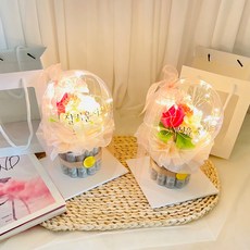 Lovely Farm 香皂花魔法迷你花朵氣球零用錢蛋糕 康乃馨混合款 2入 + 提袋 2入, 粉紅色, 1個