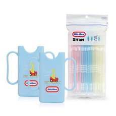 little tikes 迷你雙手把飲料架 2入 +吸管60入, 藍色(支架/吸管)+粉色/黃色(吸管), 1組
