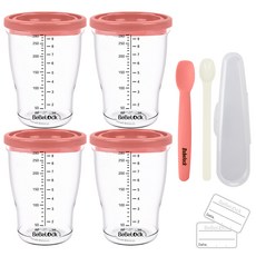 Bebelock 副食品刻度密封罐 4罐+矽膠餵食湯匙 第1階段+PP湯匙+標籤貼 24張, 蜜桃粉, 1.12L, 1組
