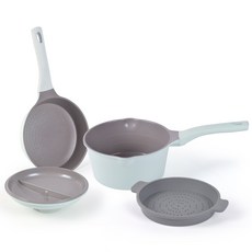 LSK 鋁鑄多功能鍋具4件組 IH爐適用, 薄荷綠, 單柄鍋 18cm+平底鍋 18cm+兩用鍋蓋碗 18cm+矽膠蒸盤 18cm, 1組