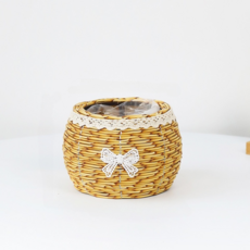 微笑緞帶藤編圓形花盆套, 自然色, 1個