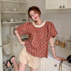 Lemon Soul Kinji蕾絲復古泡泡袖短袖襯衫