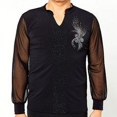 dancedome 前V領拼色袖網紗燙鑽長袖T恤 MDT4800, 黑色