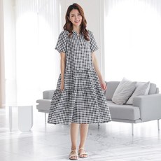 Wooyil 女款人造絲度假風寬版三層蛋糕裙短袖連身裙 含大尺碼, 格紋