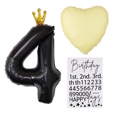 歡樂派對數字皇冠大號4個+心形鋁箔氣球+生日數字貼紙套組, 黑色（數字皇冠）、馬卡龍黃（心形）, 1組