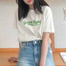 험블스튜디오 여성용 통기성 그린라이트 레터링 17수 면 롱 반팔티 KK_110_085