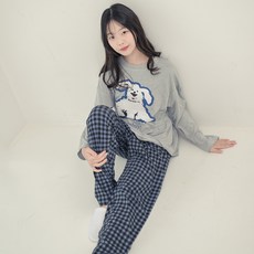 CocoDream 青少年款白色小狗休閒長袖睡衣上下套裝