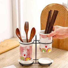 몬드스팟 토끼 세라믹 물빠짐 수저통 2구 + 받침대 2p + 꽂이 세트 YY57422, B, 1세트