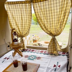 汽車後車箱格紋印花窗簾 2入+窗簾綁帶 2入+繩子+收納袋+LED球燈串組, 1套, 黃色的