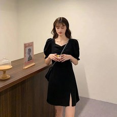 Elsso 雙肩抓皺側開衩洋裝, 黑色