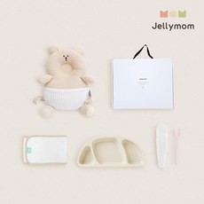 jellymom 新生兒禮盒 護頭防摔背帶枕+矽膠托盤+輔食湯匙+包巾組, 小熊燕麥片(保護套)、奶油米色(盤子)、淡粉色(湯匙), 1組