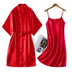 Market A 絲質婚禮短版浴袍 + 細肩帶睡衣套組 XL, 素面紅色, 1個