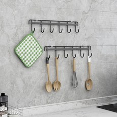 Meo 免鑽孔黏貼式6鉤廚具掛架, 黑色, 2個