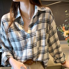 DMELD 女款格紋條紋寬鬆版型襯衫