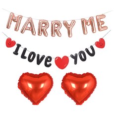 joyparty MARRY ME 鋁箔氣球 + 微笑愛心 I LOVE YOU 掛旗 + 愛心鋁箔氣球 2入組, 1套, 玫瑰金(MARRY ME 鋁箔氣球), 紅色(愛心鋁箔氣球)