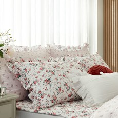 LAURA ASHLEY Claret花朵荷葉邊棉質莫代爾枕頭套, 粉色