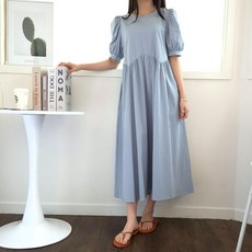 Borimam 波浪泡泡袖挺闊寬鬆拉鍊長版孕婦連身裙 Hs967