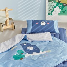 farfe 韓國製造 嬰幼兒用 Hello Bear 防過敏午睡被 + 床墊 + 枕頭組 S, 藍色