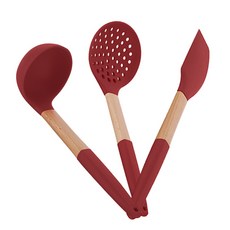 NEOFLAM 矽膠木柄廚具組, 湯勺*1支+漏杓*1支+刮刀*1支, 木頭色+紅色, 1組
