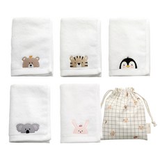 semoms 精梳棉 動物朋友 綜合刺繡毛巾 5款 + 收納袋組合, 奶油白, 1套