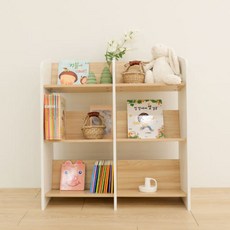 SimpleRoom 兒童用傾斜式正面低款實木組裝夾縫雙層書櫃, 橡木 + 白色, 3層