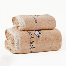 Sonio 皇冠蕾絲柔軟浴巾 聚酯纖維 2件組 35 x 75 cm + 大尺寸 70 x 140 cm, 1套, 01 咖啡色