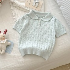 유블리 아동용 미르도 카라 니트 반팔 파스텔 리본 포인트 티셔츠