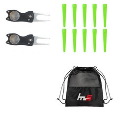 NAYASTYLE 高爾夫果嶺叉修補器 2入 + 塑膠高爾夫長球釘 10入 + 收納袋套組 GFYP-39-4+185-6PU, 混合色