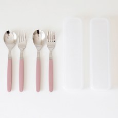 kamome kitchen 兒童湯匙叉子 + 收納盒組, 灰粉色, 湯匙 2p + 叉子 2p + 收納盒 2p