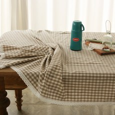 ANDCOTTON Gingham格紋扭結流蘇桌布, 米色, 長方形6人(130 x 210 cm)