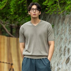 파이브엑스라지 남성용 통기성 빅사이즈 린넨 V넥 반팔 니트