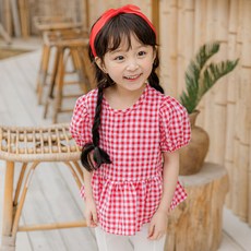 Lala Amang 女童款格紋泡泡袖上衣
